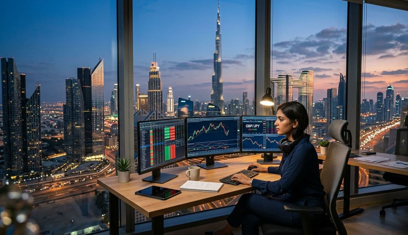UAE trader reviewing forex and binary options charts from a Dubai trading desk