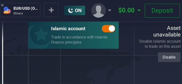IQ Option Islamic account toggle shown inside the platform interface